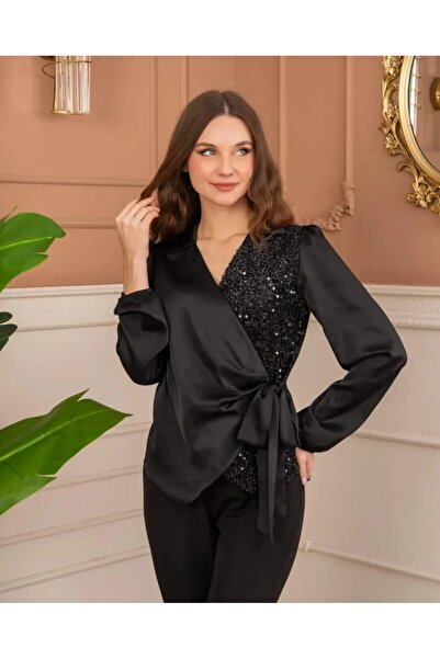 Fashionbox ΓΥΝΑΙΚΕΙΑ Σατέν Μπλούζα με λαιμόκοψη V με λάστιχο με ημιπαγιέτες στο πλάι