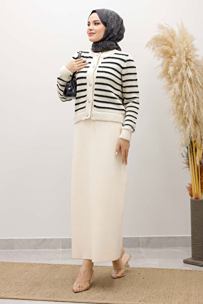 Tesettür Dünyası Striped Knitwear Cardigan Tsd250228 Beige