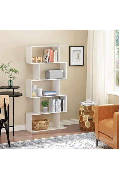 Modern home 5-Tier Geometric Bookshelf White, 62.5" Tall Wood S-Shaped