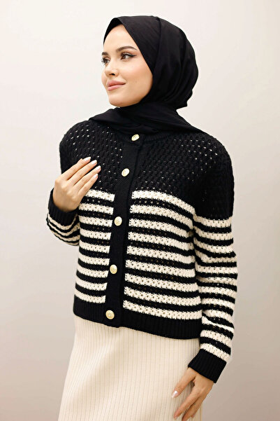 Tesettür Dünyası Striped Perforated Knit Cardigan Tsd250219 Black