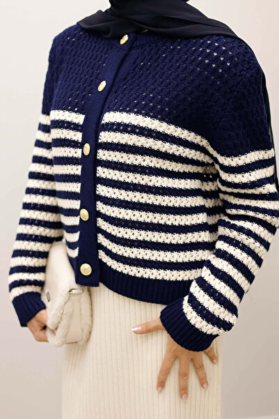 Tesettür Dünyası Striped Perforated Knit Cardigan Tsd250219 Navy Blue