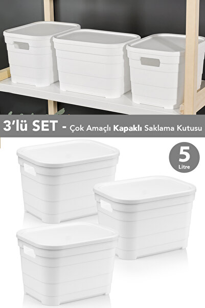 Meleni Home 3 Adet Kapaklı Dekoratif Piramit Saklama Kutusu - Dolap Düzenleyici Organizer Kutu 5 Litre Beyaz