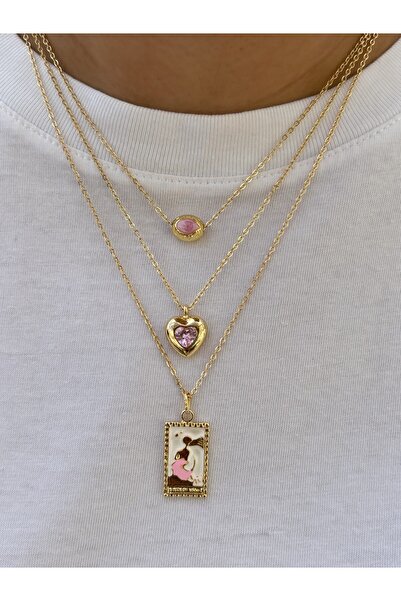 Luz De Viento Pembe Tarot Kart Ve Zirkon Taşlı Kalp 3'lü Gold Zincir Kolye Kombin