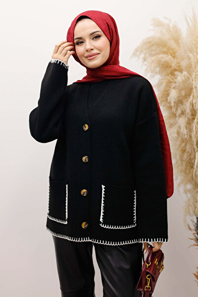 Tesettür Dünyası Shepherd's Stitch Pocketed Knit Cardigan Tsd250226 Black