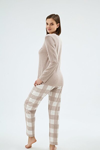 Sevim Set de pijamale pentru femei, cu guler cu nasturi, cu mâneci lungi, cu model pătrat, cu fundul bej C6T9N961