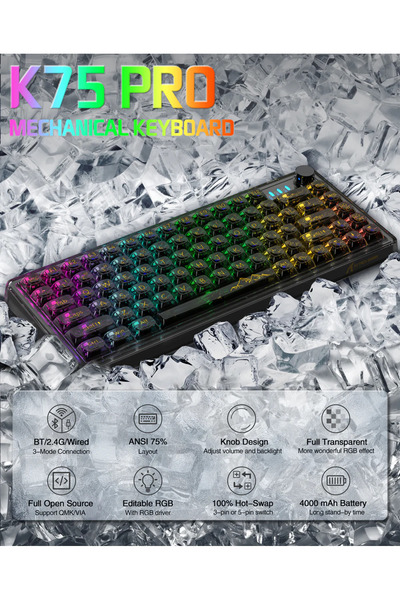 Attack Shark K75 Pro Transparent Mechanical Wireless Gaming Keyboard