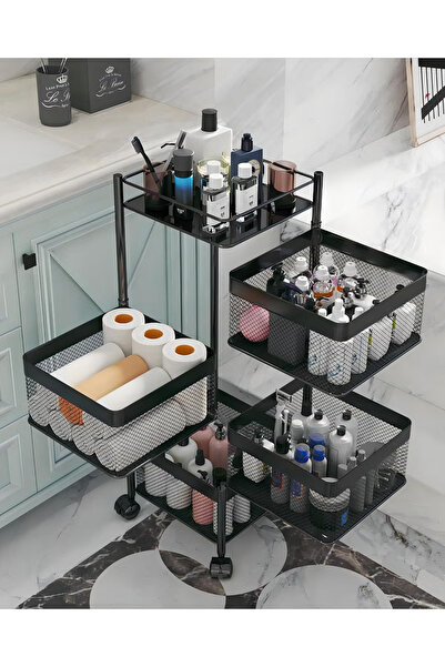 Primo Plus سلة خضراوات حديدية متحركة مربعة الشكل بأربع طبقات مع عجلات - أسود