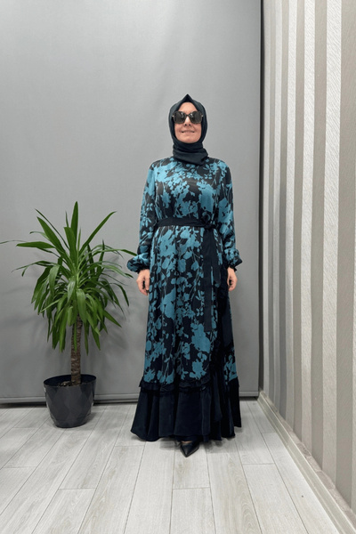 MissWhence Patterned Cupra Silk Dress Turquoise 37832