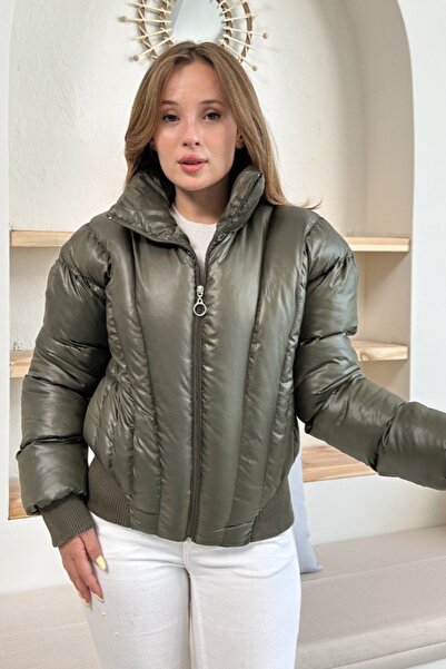 Ded COLLECTION Women's Shiny Fabric Short Length High Collar Zippered Trendy Puffer Coat