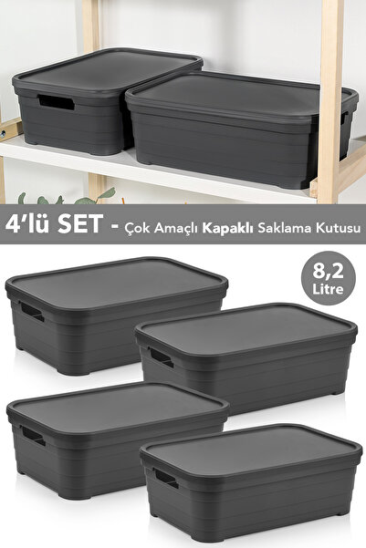 Meleni Home 4 Adet Kapaklı Dekoratif Piramit Saklama Kutusu - Dolap Düzenleyici Organizer 8,2 Litre Antrasit