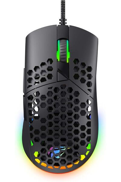 Havit ماوس ألعاب سلكي RGB ماوس ألعاب خفيف الوزن للغاية مع هيكل قرص العسل قابل للتعديل بدقة 7200 نقطة في البوصة و7 برامج