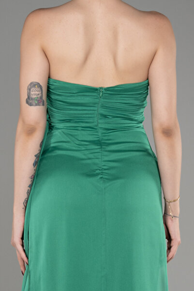 Abiyefon Yeşil Straplez Bacak Dekolteli Uzun Şifon Abiye ABU3947