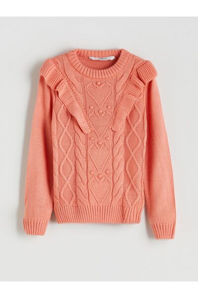 LC Waikiki Lcw Eco Orange Crew Neck Ruffle Detailed Girls' Knitwear Sweater