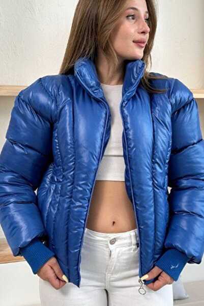 Ded COLLECTION Palton de damă din țesătură strălucitoare, lungime scurtă, cu guler înalt, cu fermoar, la modă