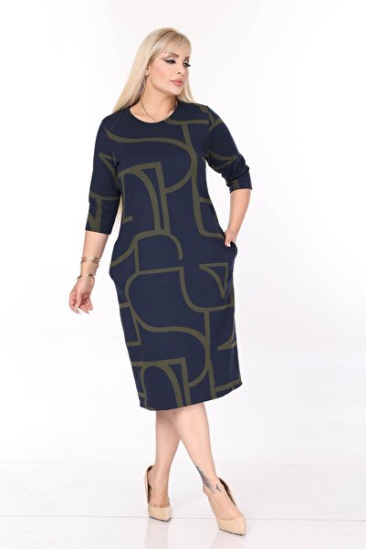 modayız Ελαστικό χειμερινό φόρεμα μεγάλου μεγέθους με μοτίβο διπλής τσέπης 44A-2708