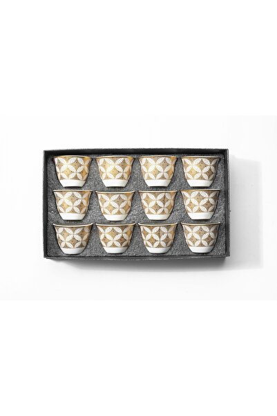 Bin Shihoun 12-piece Arabic coffee cup set with a distinctive golden pattern