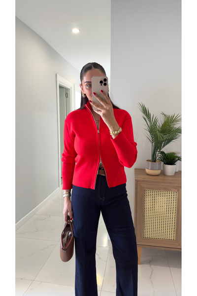 BİRCANÇİL Nenna Red Zippered Cardigan