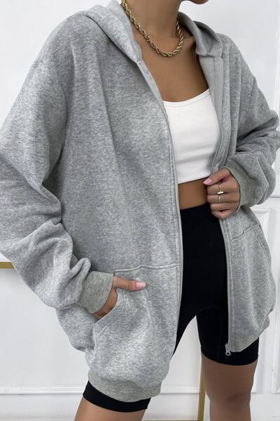 zeag Unisex Gray Zippered Sweat Hooded Cardigan