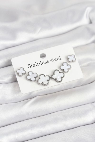 Clariss 316L Steel Silver White Color 3 Sizes Clover Earrings Set