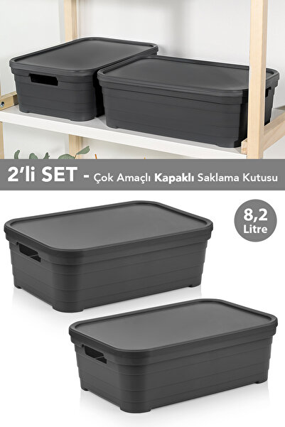 Meleni Home 2 Adet Kapaklı Dekoratif Piramit Saklama Kutusu - Dolap Düzenleyici Organizer 8,2 Litre Antrasit