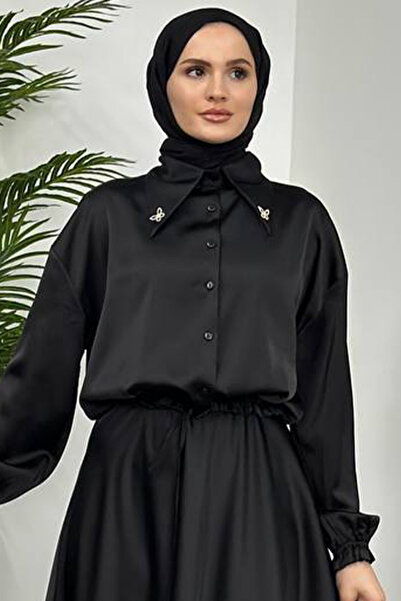 Tesettür Diyarı Γυναικείο σατέν πουκάμισο τεσεττούρ με διακοσμημένο γιακά, δι...