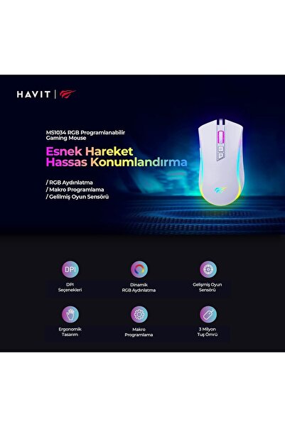 Havit ماوس ألعاب RGB - مستشعر بصري دقيق، DPI قابل للتخصيص، تصميم مريح، قابل للبرمجة