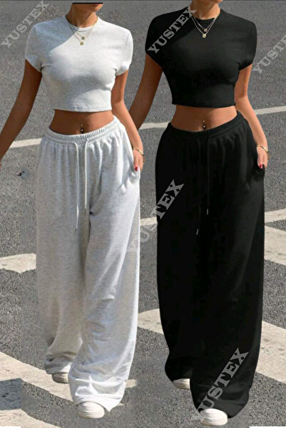 BERYY MODA Pachet de 2 pantaloni de trening largi pentru femei, negru și gri ...