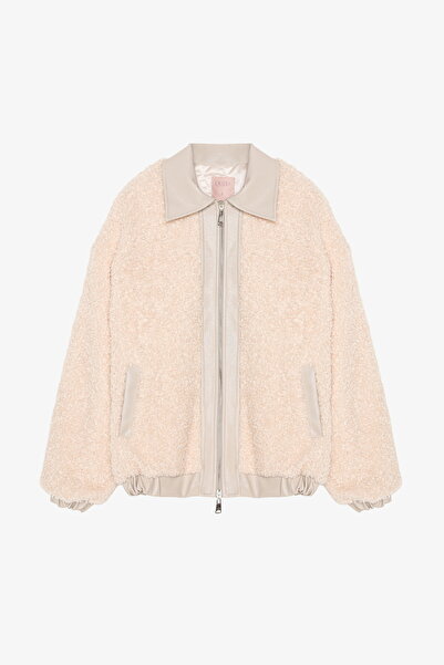 Quzu Leather Garnished Plush Short Coat Beige