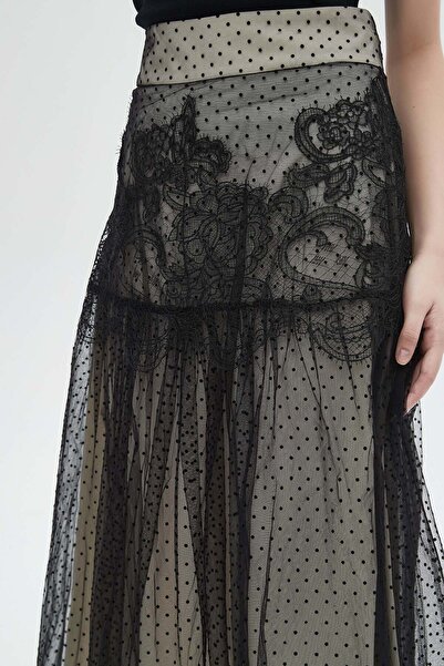 mica Polka Dot Lace Detail Maxi Skirt