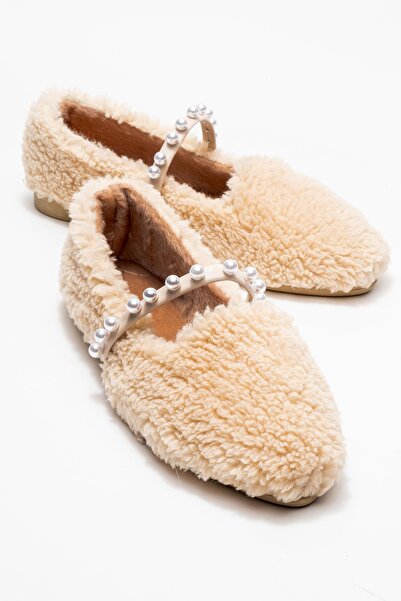 CCWAY AYAKKABI Women's Pearl Belted Home Slippers Cream