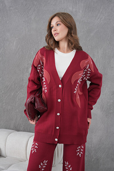 Miss Allos Women's Beaded Wide-Fit Knitwear Cardigan and Pants Bottom-Top Set