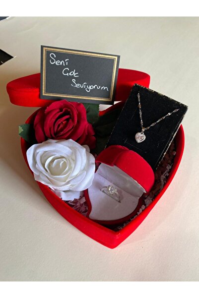 JUPİTER HOME Kalpli Kutuda Kalpli Beyaz Yüzük ve Kolye setti 14 Şubat Sevgililer Günü Dogum Günü Hediyesi