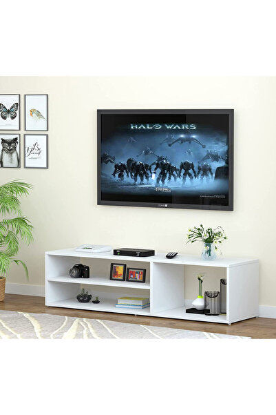 Modern home TV unit modern design with 1 side cabinets and 2 storage racks - 130cm - White
