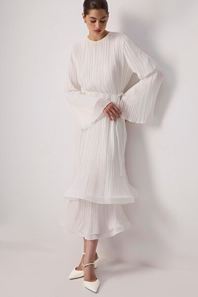 Touché Privé Bibe Belted Pleated Chiffon Dress