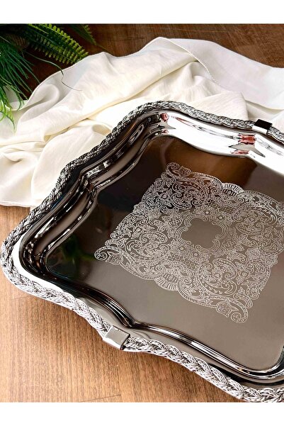 ROSSEV Metal Square Leg Rope Patterned Decorative Presentation Tray – 33X33X5 cm