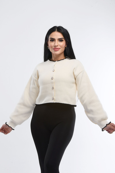 H&E LUXURY DESIGN Women's Cream Pearl Button Contrast Detailed Crop Cardigan