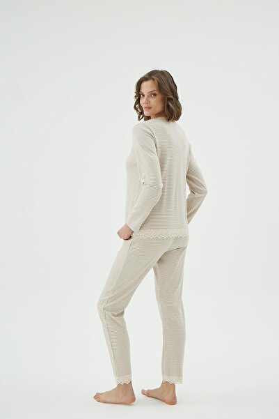 Sevim Set de pijamale de damă, cu decolteu în V, cu detaliu din dantelă, bej C1T2N071