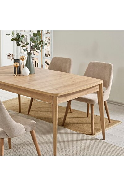 asaella mobilya Orno 80x132 Mdf Açılabilir Meşe Masa 6 Krem Sandalye