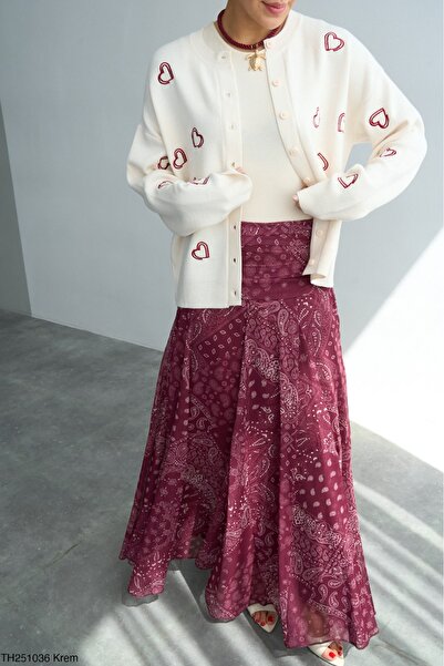 Lupies Kadın Kalp Nakışlı Uzun Kollu Triko Hırka