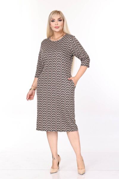 modayız Double Pocket Patterned Stretchy Winter Plus Size Midi Dress 44D-2709