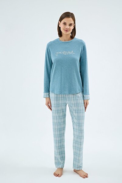 Sevim Women's Long Sleeve Printed Blue Top Plaid Bottom Pajama Set C3T1N071