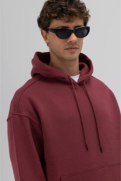 İLKCET MODA Απλό φούτερ με κουκούλα μπορντό Unisex Oversize