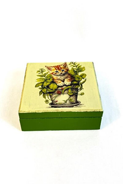Uretti - Hülya 6683 3858 Handmade Nostalgic Retro Cat Printed Square Wooden Decorative Storage / Jewelry Box