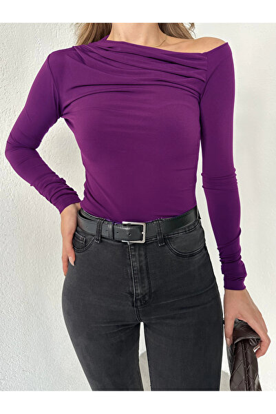 asfamoda Kadın Mor Tek Omuz Kayık Yaka Büzgülü Parmak Geçirmeli Body Bluz