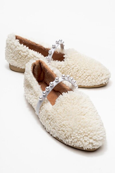 CCWAY AYAKKABI Women's Pearl Belted Home Slippers White