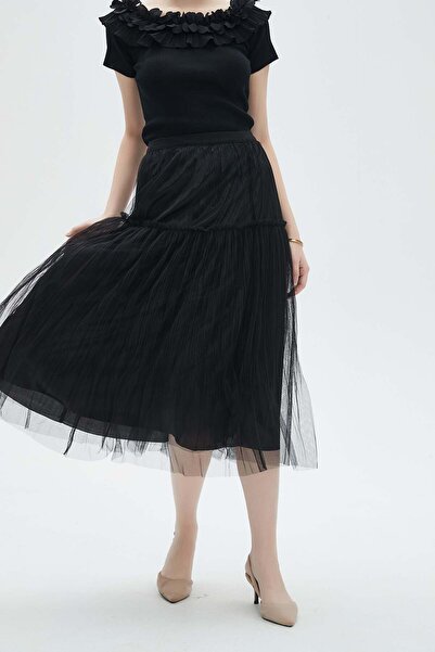mica Solid Ruffled Midi Skirt