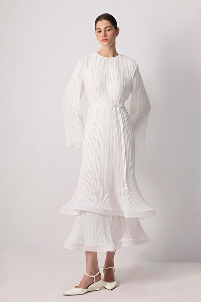 Touché Privé Bibe Belted Pleated Chiffon Dress