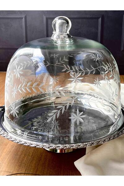 ROSSEV Rope Patterned Large Cake Stand with Glass Lid – 30X30X32 cm