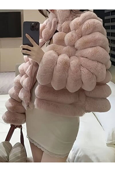 NeednStore Női halvány rózsaszín szőrme rövid pufferkabát