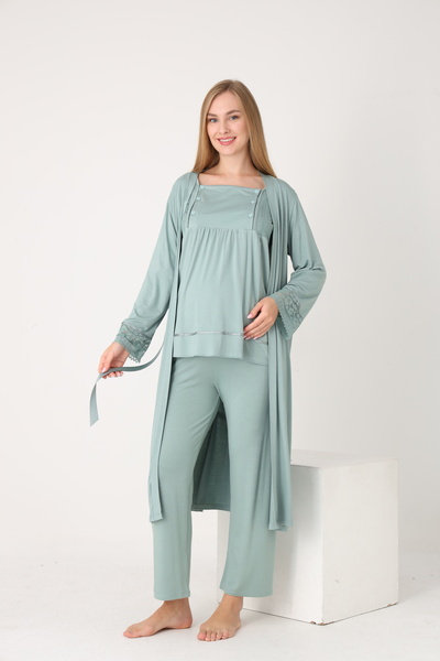 Miss Dünya Lissa Long Sleeve Maternity and Postpartum Pajama Set Suitable for Breastfeeding with Long Dressing Gown